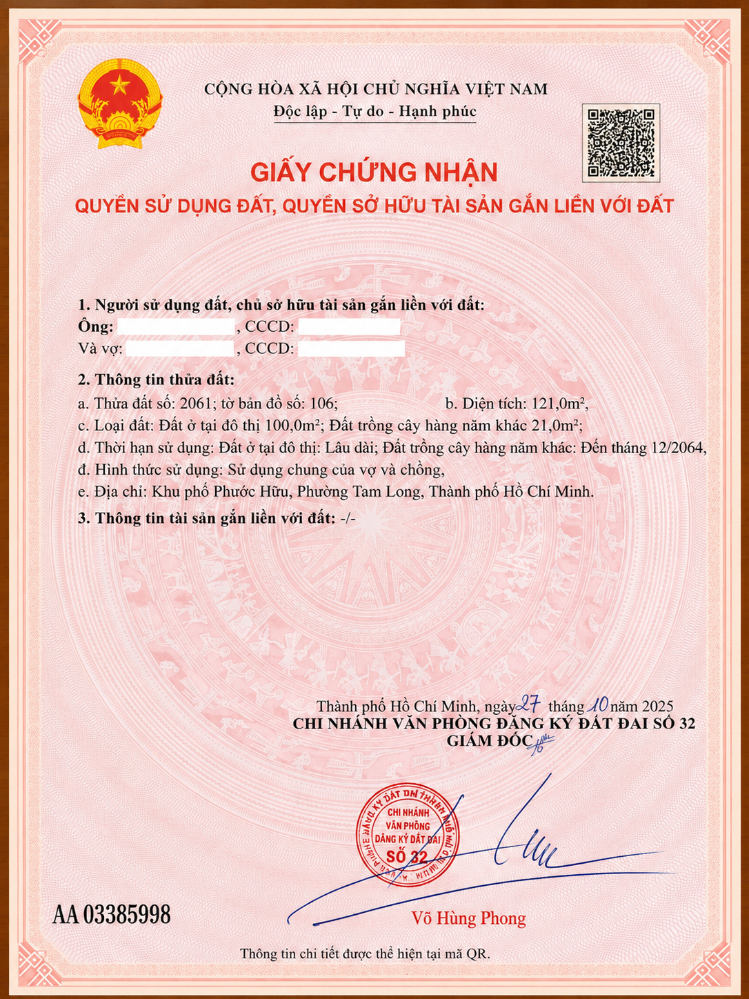 Giấy chứng nhận quyền sử dụng đất đã che thông tin cá nhân